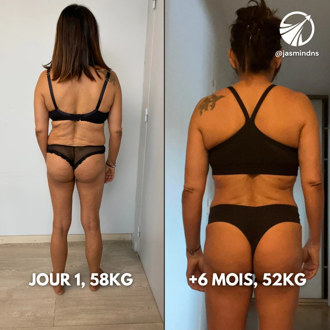 Transformation d'une femme vue de dos : Jour 1 (58 kg) et après 6 mois (52 kg), programme de perte de poids personnalisé.