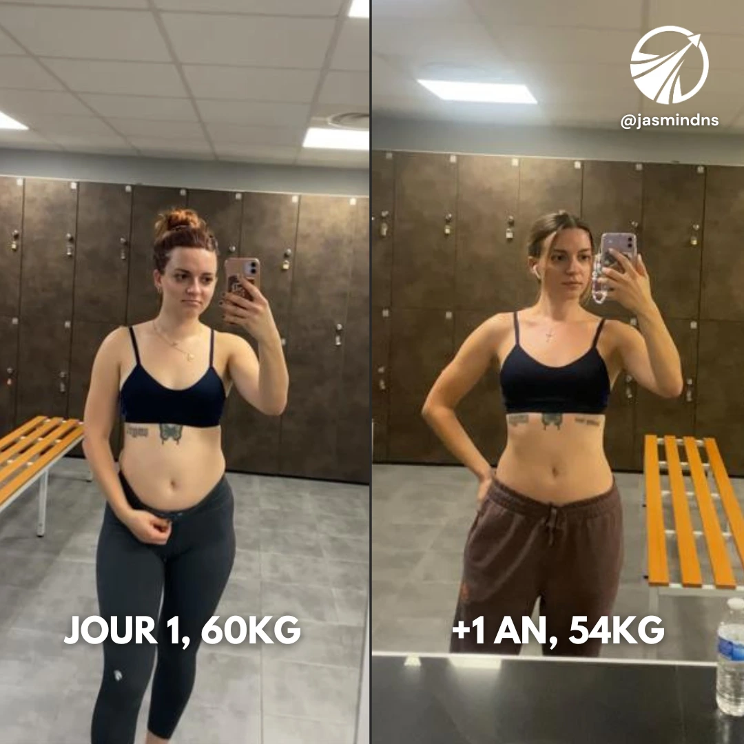 Transformation d'une femme en salle de sport : Jour 1 (60 kg) et après 1 an (54 kg), programme d’accompagnement personnalisé.