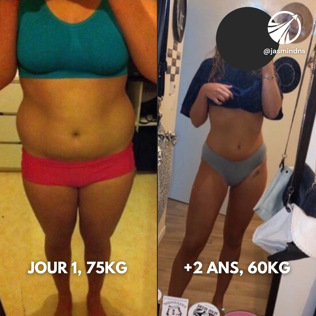 Transformation d'une femme vue de face : Jour 1 (75 kg) et après 2 ans (60 kg), résultat d’un programme d’accompagnement complet.