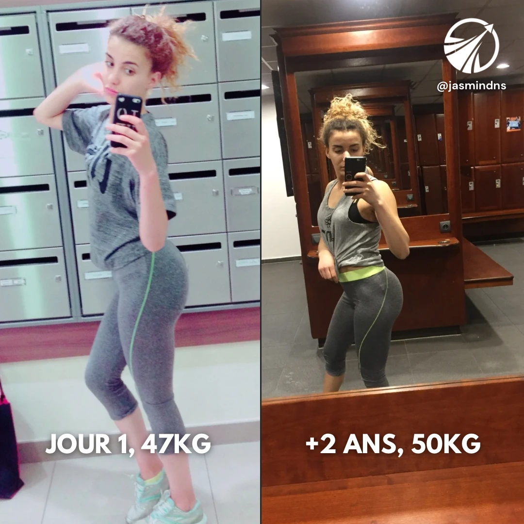 Transformation d'une femme en salle de sport : Jour 1 (47 kg) et après 2 ans (50 kg), programme de renforcement musculaire personnalisé.