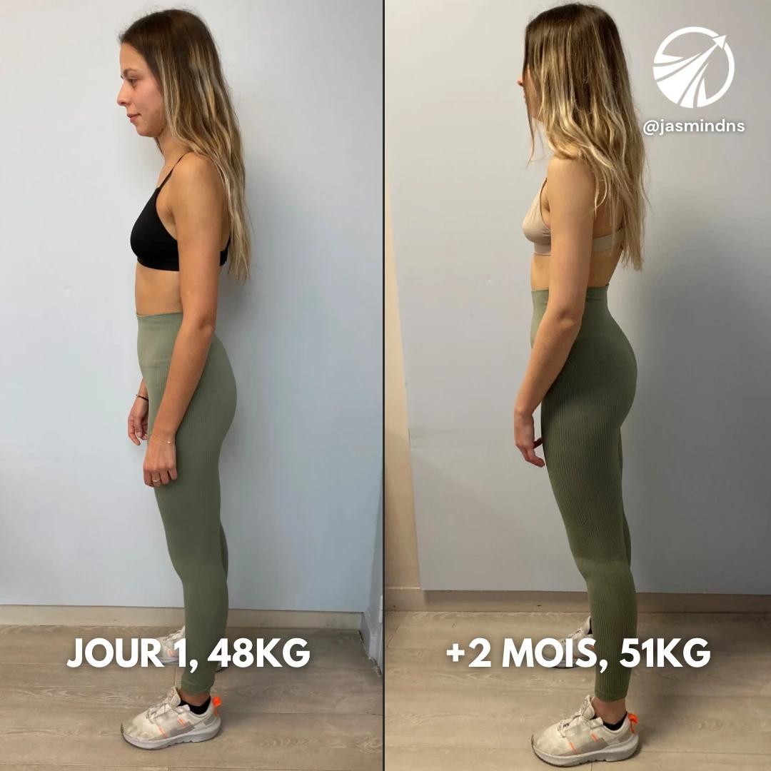 Transformation d'une femme vue de profil : Jour 1 (48 kg) et après 2 mois (51 kg), programme personnalisé pour prise de poids musculaire.
