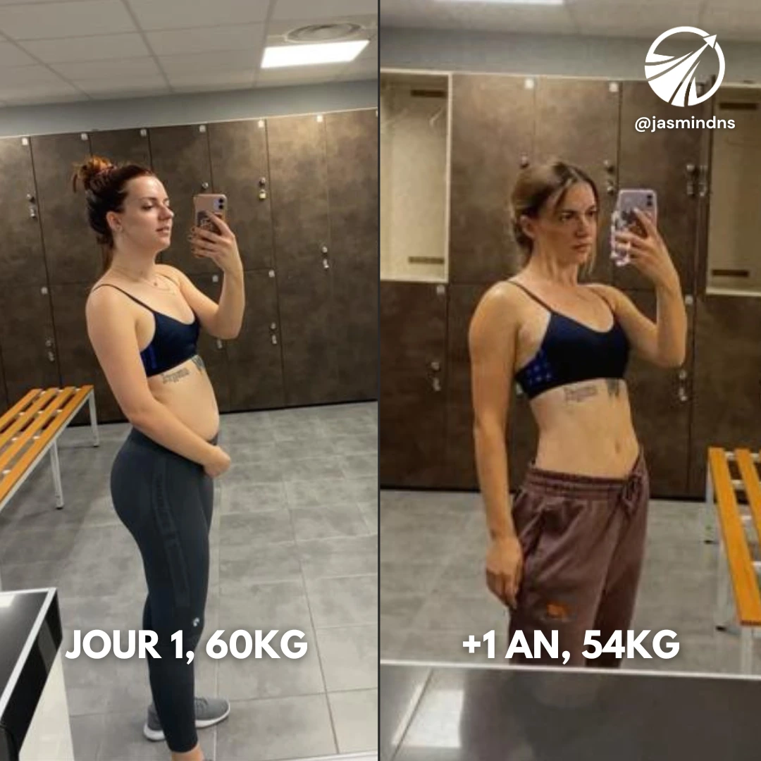 Transformation d'une femme en salle de sport, vue de profil : Jour 1 (60 kg) et après 1 an (54 kg), programme d’accompagnement pour perte de poids.