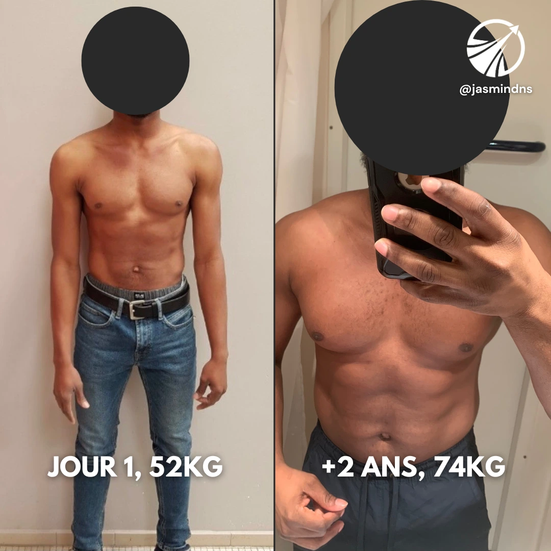 Transformation d'un homme vue de face : Jour 1 (52 kg) et après 2 ans (74 kg), programme de prise de masse musculaire personnalisé.