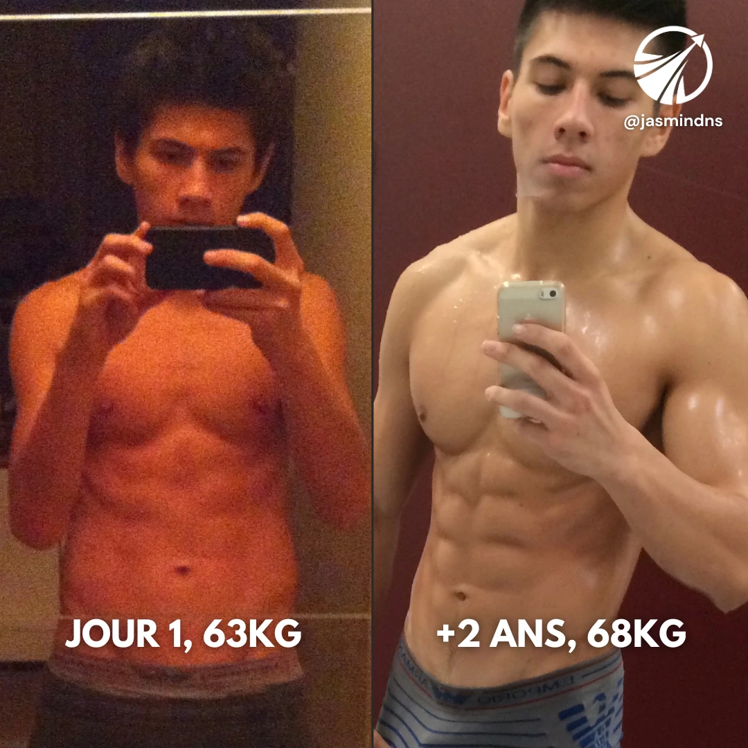 Transformation d'un homme vue de face : Jour 1 (63 kg) et après 2 ans (68 kg), résultats d’un coaching en renforcement musculaire et prise de masse.