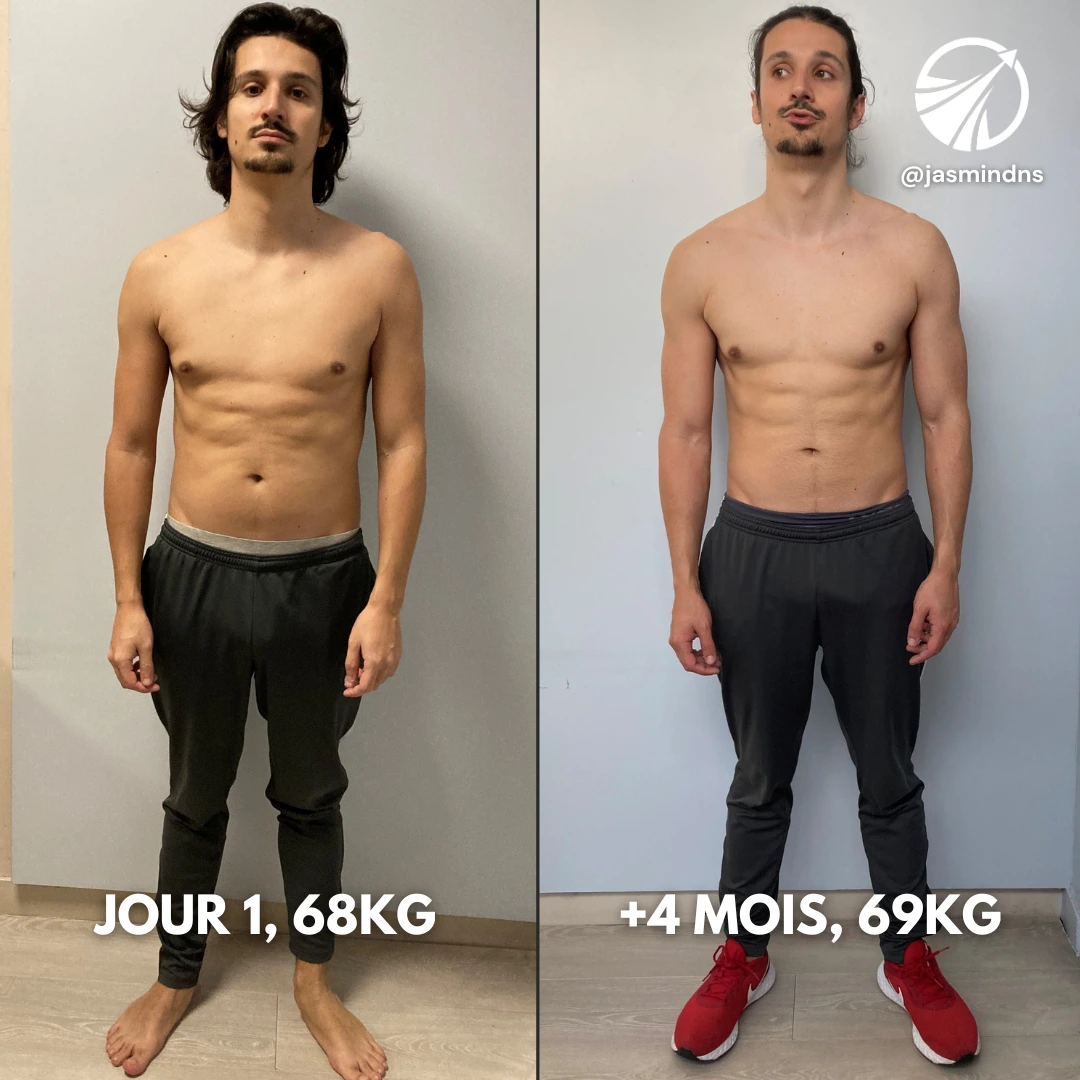 Transformation d'un homme vue de face : Jour 1 (68 kg) et après 4 mois (69 kg), programme de tonification musculaire et optimisation de la posture.
