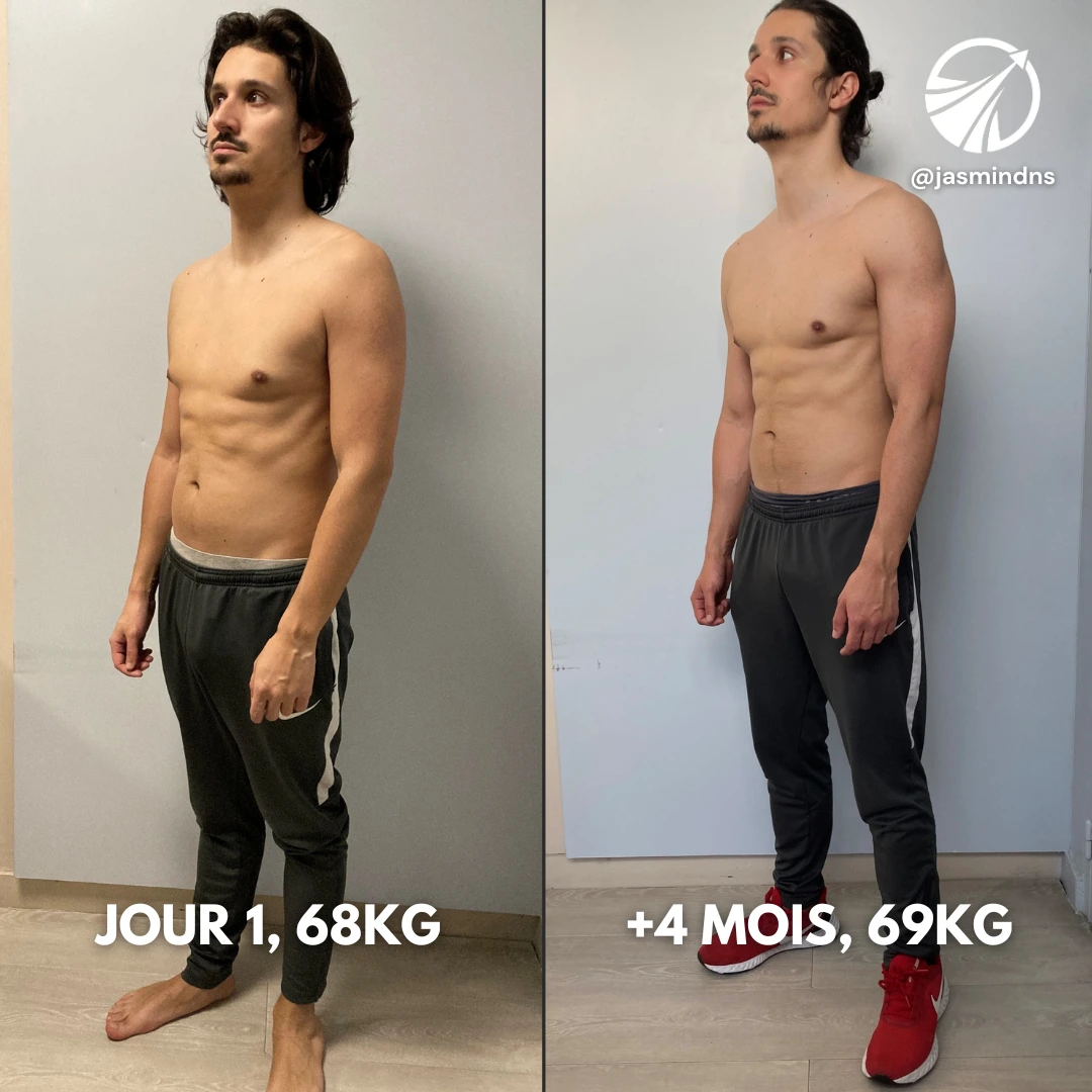 Transformation d'un homme vue de profil : Jour 1 (68 kg) et après 4 mois (69 kg), renforcement musculaire et tonification.